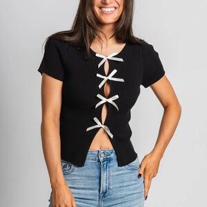 Le Lis Black Knit Crop Top with White Bow Accents